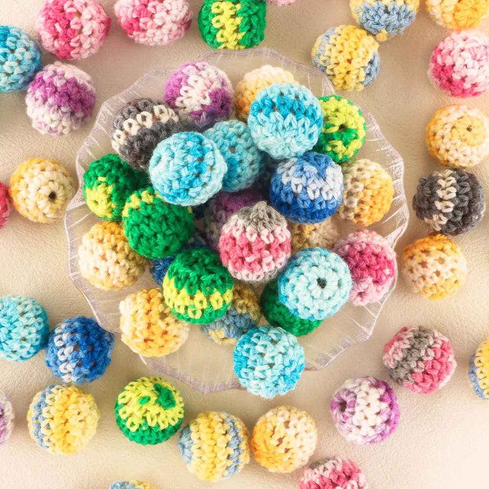Organic Handmade 16mm Teething Wooden Colored Crochet beads Round Colour Mix Ball Knit Crochet Beads Baby Crochet Cotton Beads