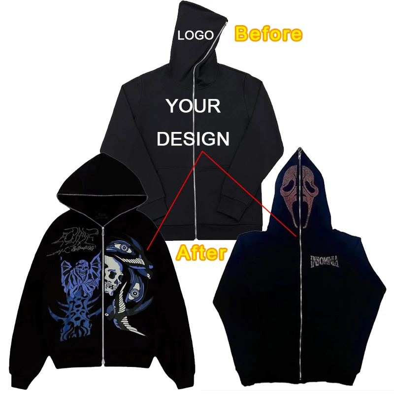 Custom Rhinestone 3D Puff Print Embroidery Zipper Sweater Coat Full Face Zip Up Hoodies