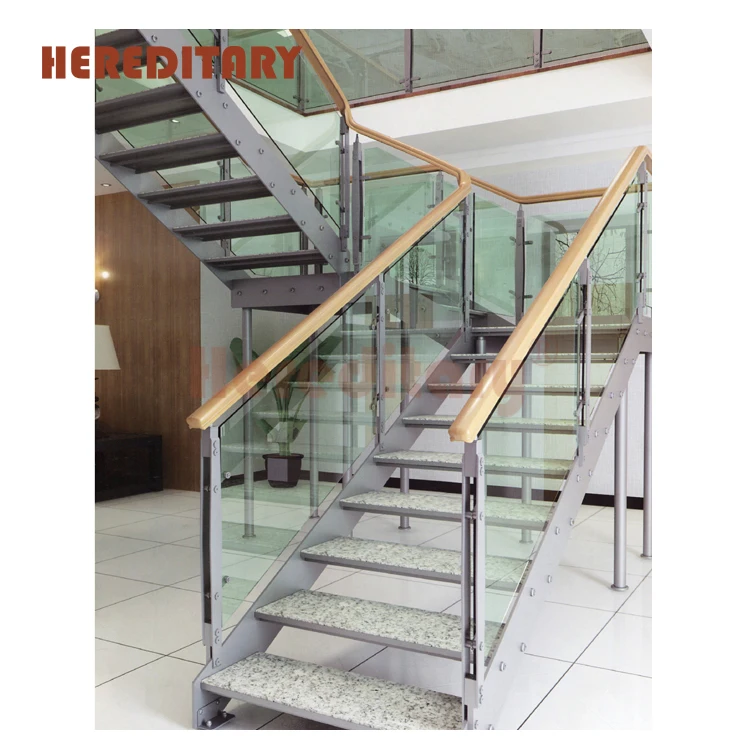 Wrought iron wooden stairs treads staircase with tempered glass stair parts