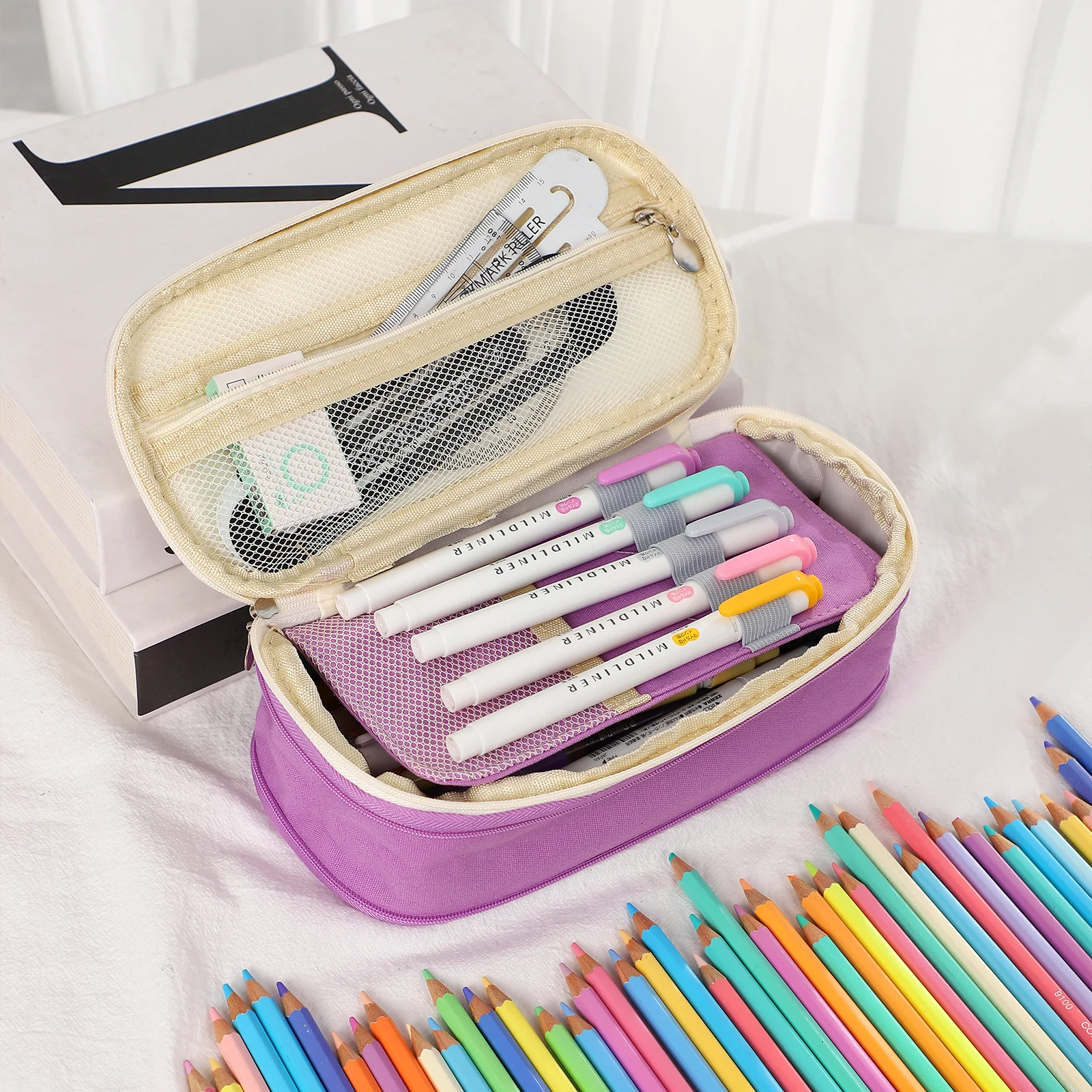 Multifunction Macaron Color Large Capacity Zipper Pencil Case Simple School Office Storage Canvas Pencil Bag Stationery Supplies