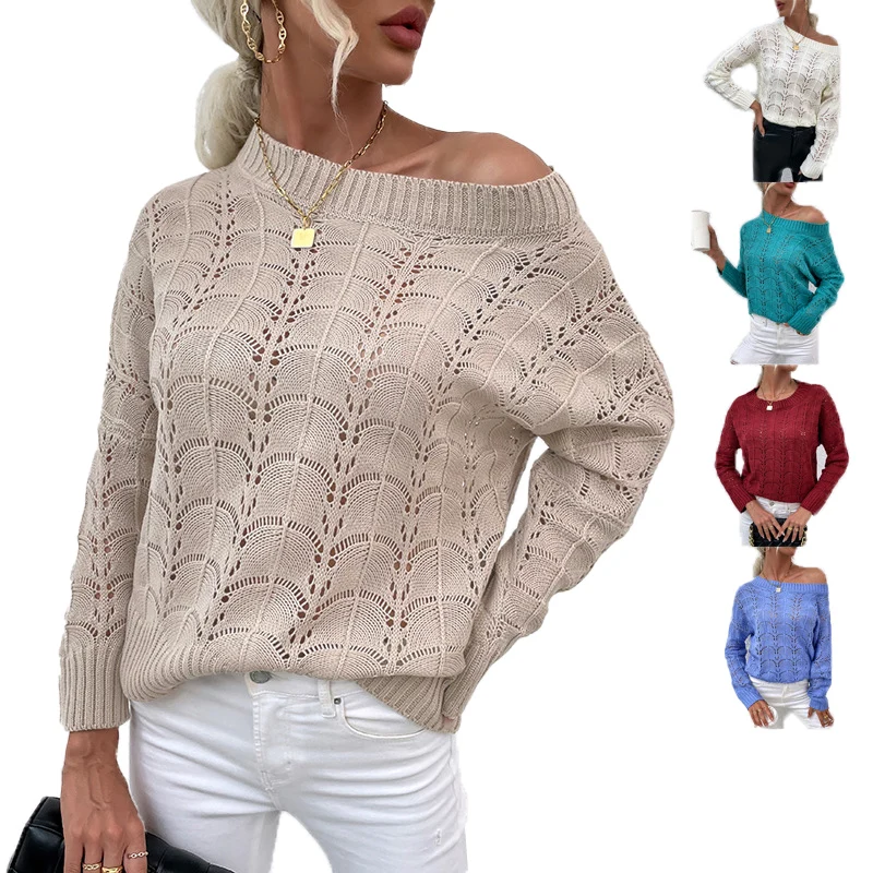 Hollow out knitted pattern crew neck blank oversize knit pull over sweater women