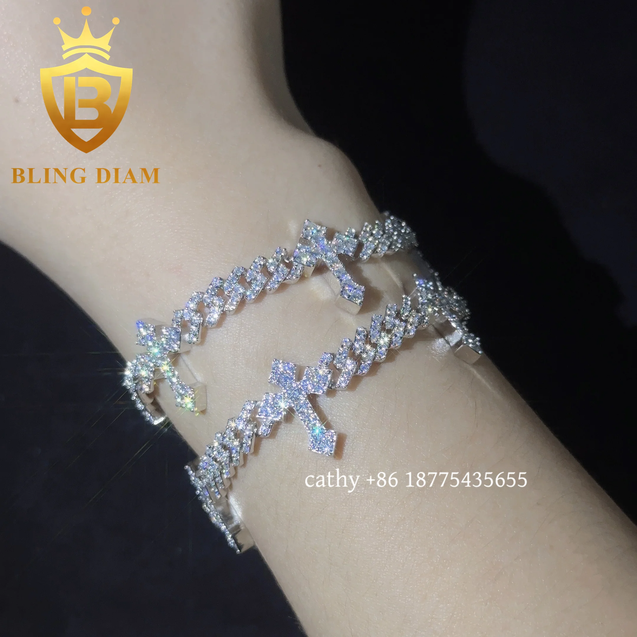 Solid Silver 6mm Cross Hip Hop Cross Cuban Bracelet for men women Fashion Moissanite  Cross Cuban Link Chain Bracelet