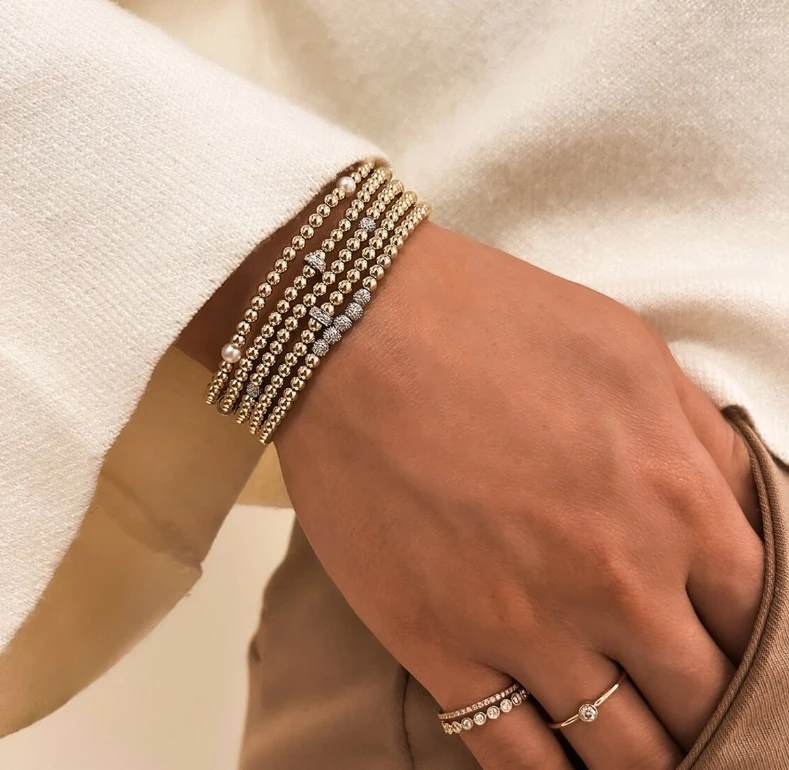 Stainless steel Customized Waterproof No Fade PVD Coating 3mm Gold Segment Bead Bracelet With Diamond Bars