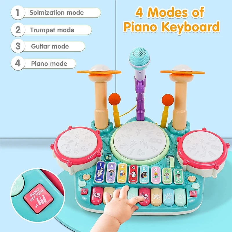 Electronic Baby Musical Toys 3 in 1 Piano Keyboard Xylophone Drum Set with Microphone