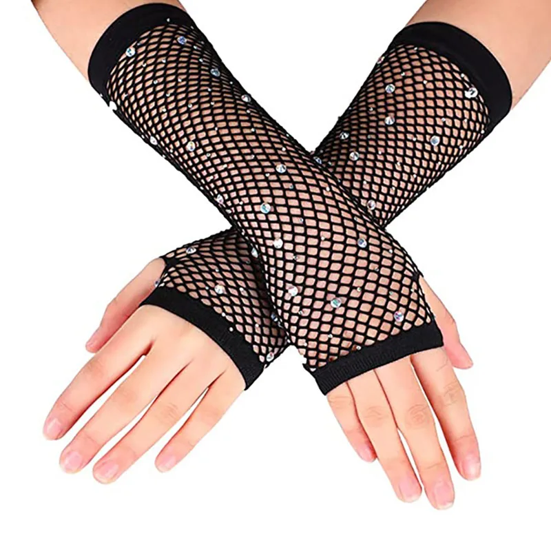 Wholesale nylon spandex gloves sexy woman lady fishnet long fingerless gloves mesh rhinestone gloves