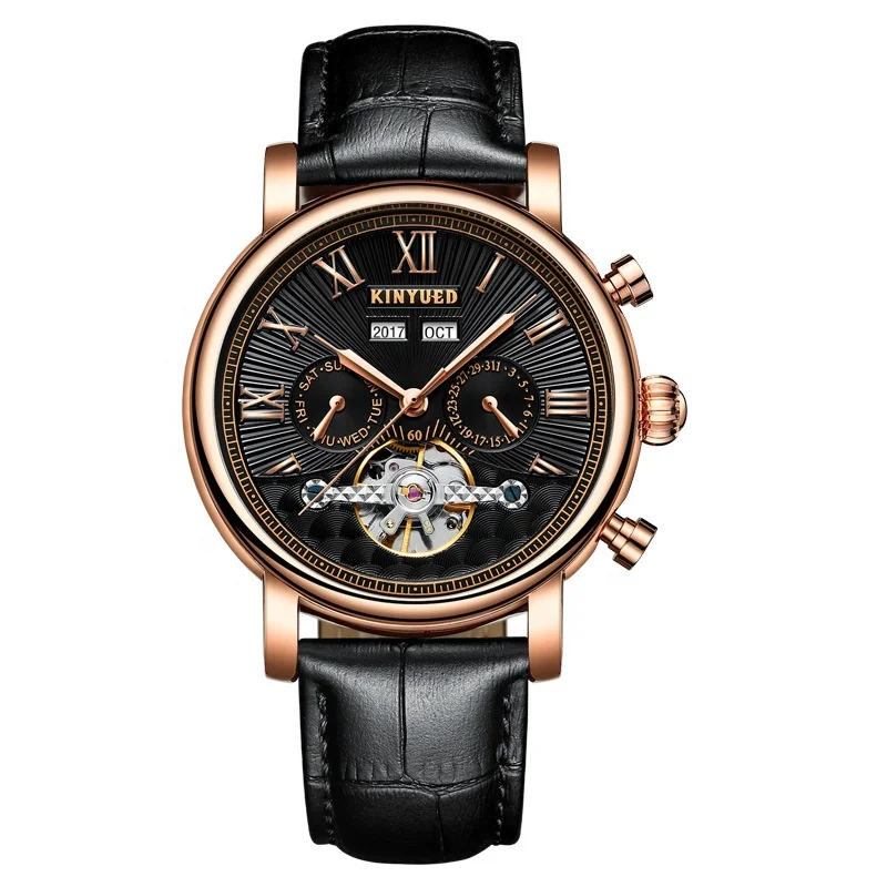 High Quality Oil Pressure Dial Tourbillon Skeleton Perpetual Calendar Black Mens Watch Luxury Custom Logo Automatic