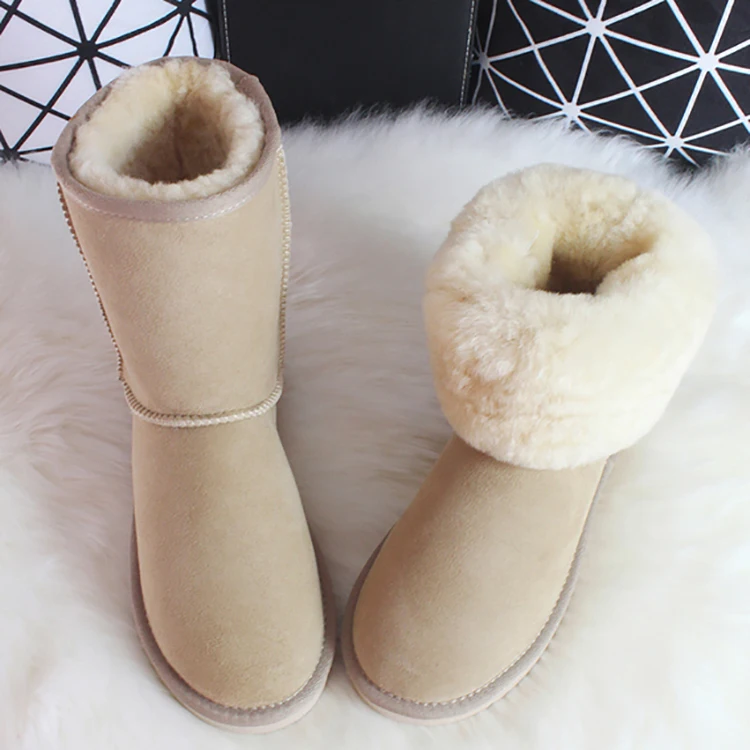Fashion Popular Soft Warm Mid Calf Genuine Fur Indoor Flat Ladies Sheepskin Snow Winter Boots