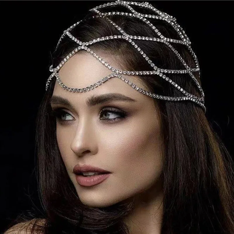 Best Selling Bridal Wedding Crystal Hairband Tassel Mesh Tiara Rhinestone Hair Bands Bride Hair Accessories Head Chain Headpiece