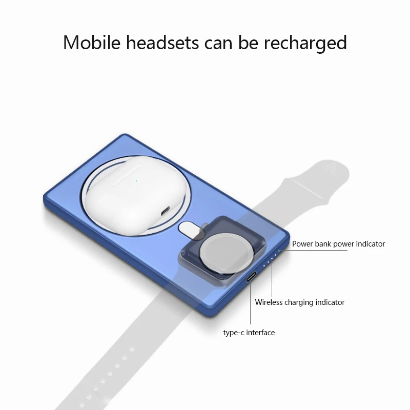 5000 mAh Magnetic Power Bank 3 in one PD18W Battery Pack Fast Wireless USB C Charger For iPhone 12/13 Series/Iwatch/Airpods