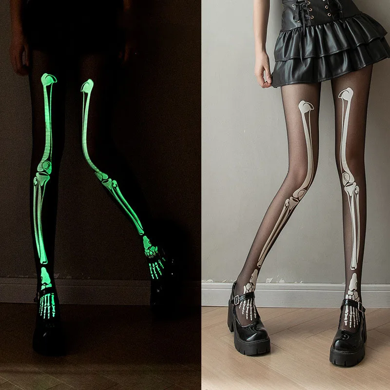 Skeleton Thigh High Glowsocks Halloween Bones Skeleton Print Stockings Cosplay Party&Halloween&Carnival Womens Pantyhose