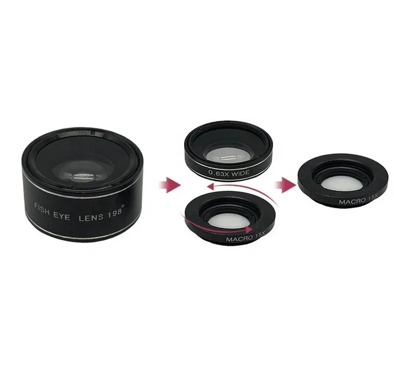 198 Degree three-in-one Fisheye Phone Lens 0.63X Wide-Angle Lens 15x Telephoto Phone Lens