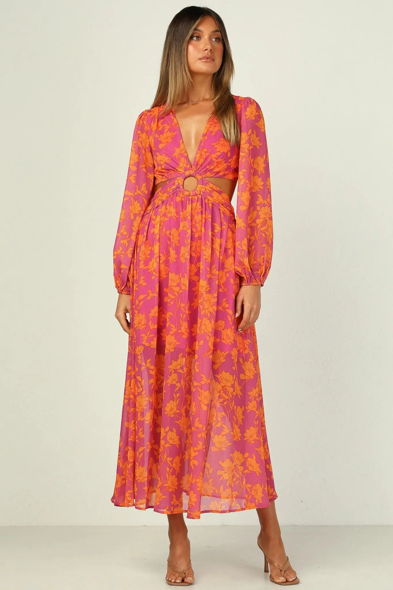 Spring Summer long sleeve backless cut out floral print chiffon dress