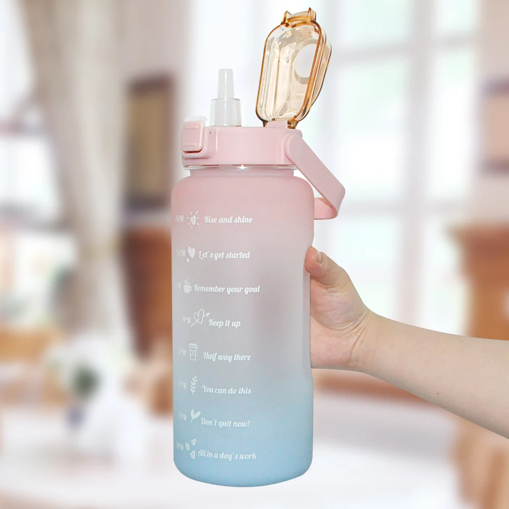 68oz 2Litre Portable Bpa Free Leak Proof Motivational Half Gallon Water Bottle With Time Marker And Straw