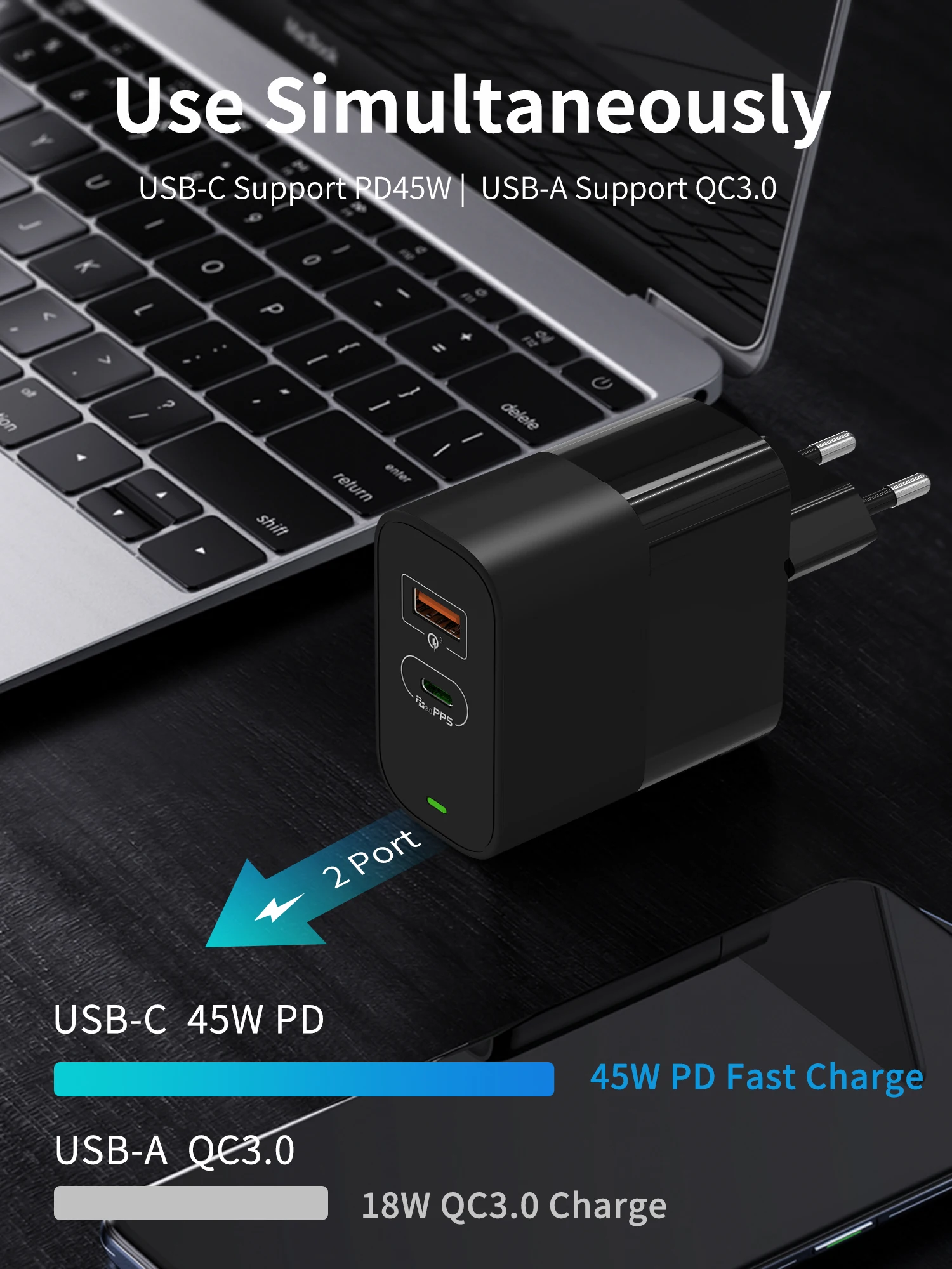 HUNDA 2020 new products GaN Tech 2 ports PD Charger Type C 65W replaceable US/AU/UK plug Usb 3.0 charger for laptop Adapter