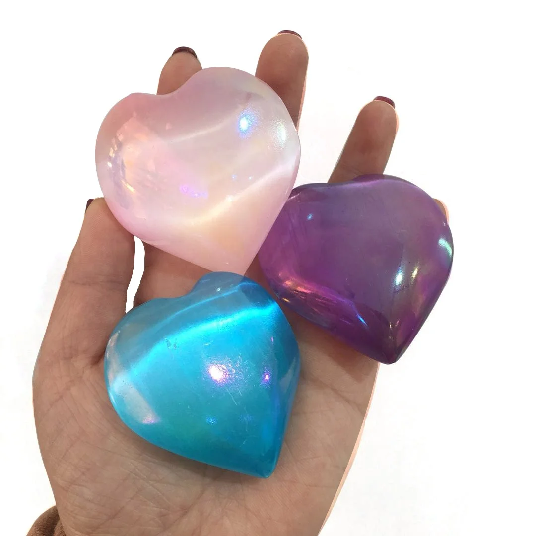 Wholesale natura 2inches Pink Aura White Selenite Heart Palms Healing Natural Angel Aura Quartz Palm Stone