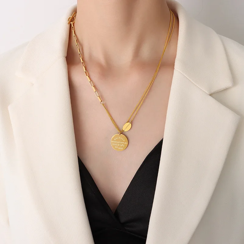 Ot Buckle English Letter Round Plate Pendant Necklace, Stainless Steel Jewelry 18K Gold Plated Chain
