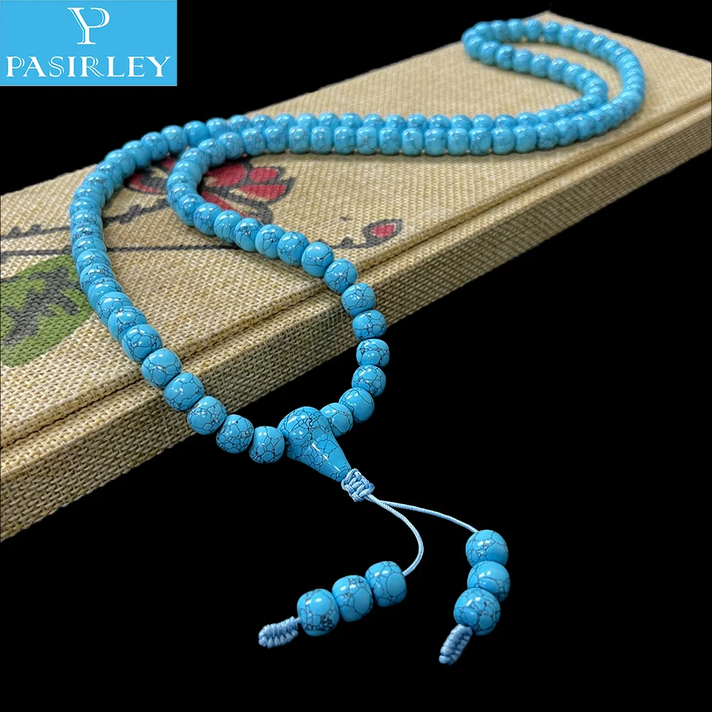 Handcrafted Bucket 8mm Synthetic Turquoise Buddha Beads 108 Beads Blue Turquoise Bucket Bead Bracelet Necklace