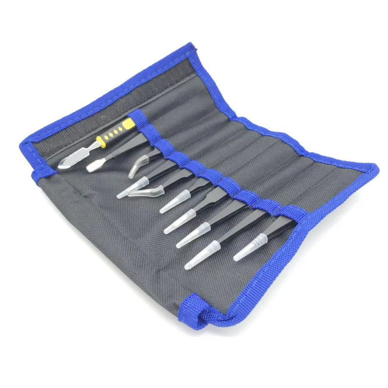 Profession 10 PCS ESD Anti-Static Stainless Steel Tweezers Set with Crowbar  for  Clocks Phone Repair
