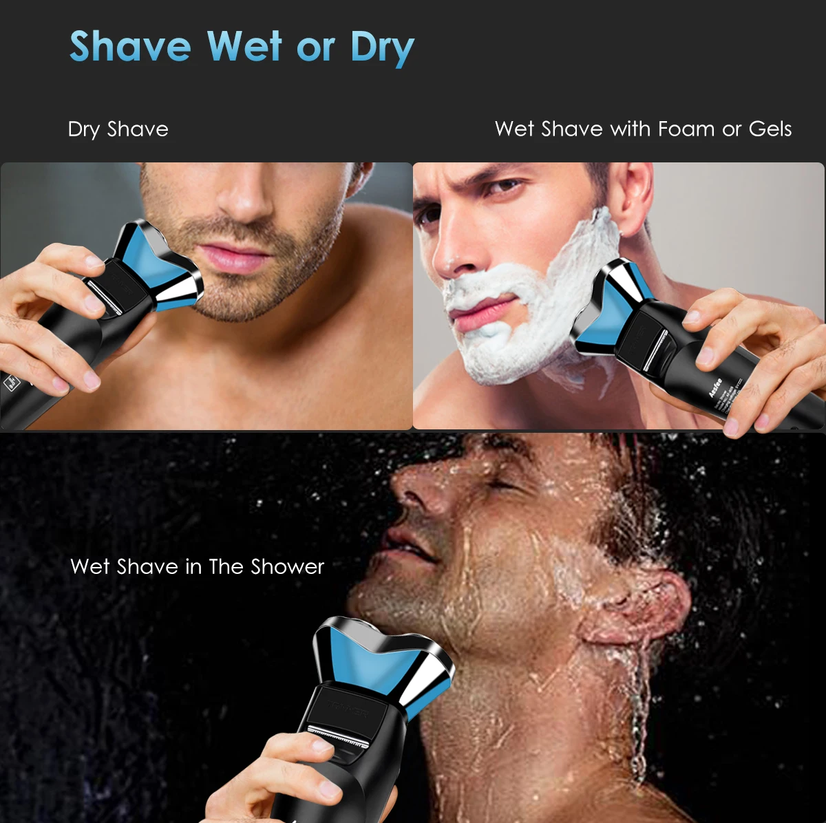 Human Hair Care Razor Rotary Shaver for Men, Wet & Dry Electric Shaver with Beard Trimmer Removal Cut Waterproof, LCD Display