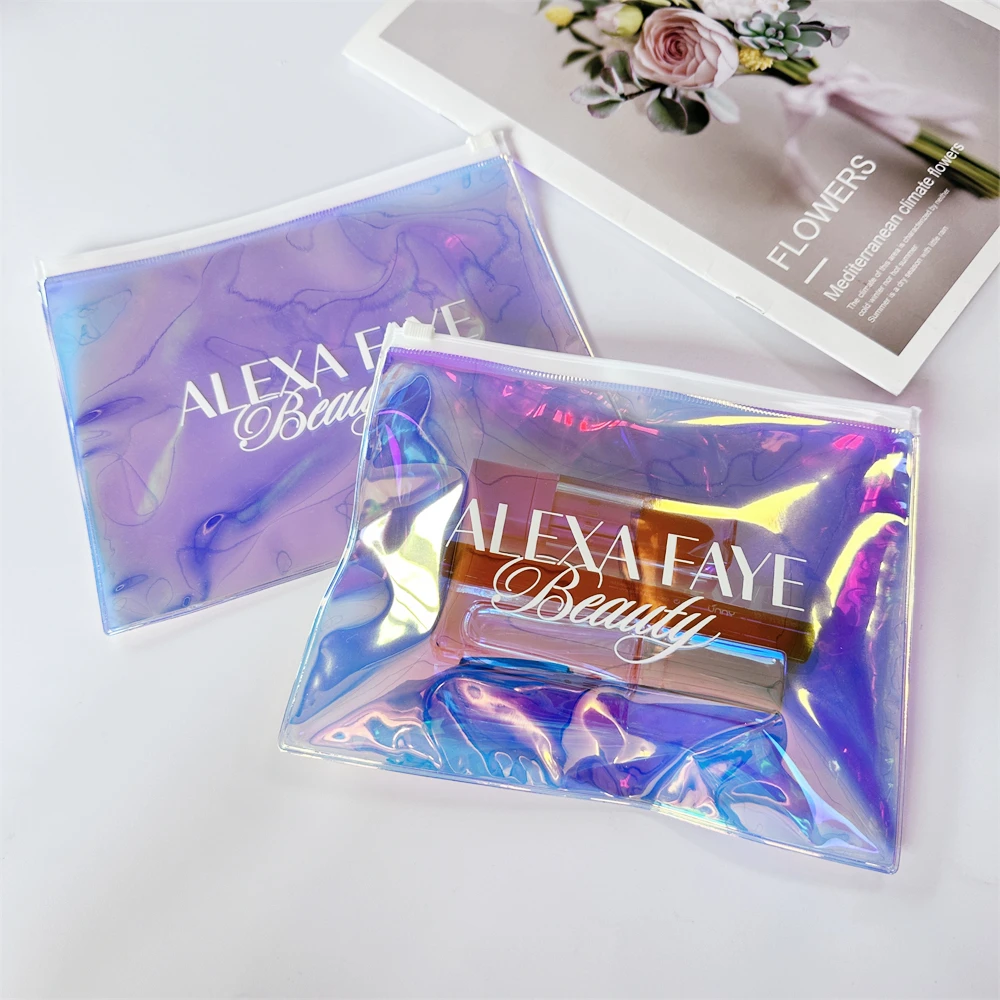 Trendy Custom Holographic Bga Pouch Cosmetic Iridescent Pvc Transparent Zipper Bag Print Laser Plastic Ziplock Packaging Bag