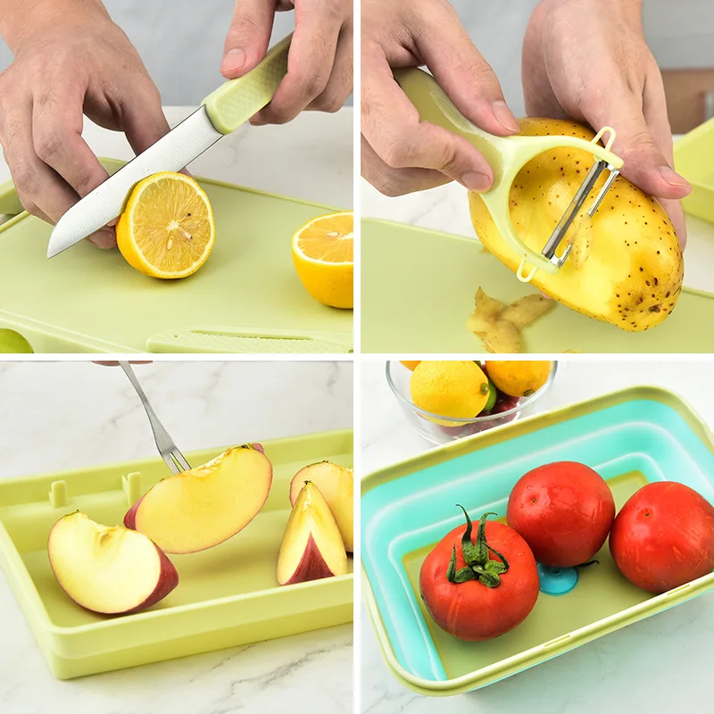 Kitchen Multifunction Vegetable Fruit Tools Plastic Foldable Collapsible Silicone Colander Chopping Cutting Board With Container