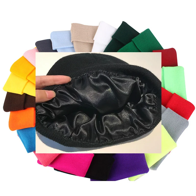 wholesale nude blank plain winter warm cold  acrylic knitted hats   custom silk lined  satin lined beanie hat satin lining