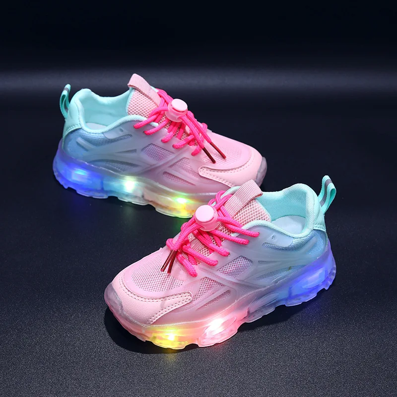 soft boys girls sneakers cheap sports shoes  Gradient design mesh surface breathable led light daddy shoes for kids wholesale