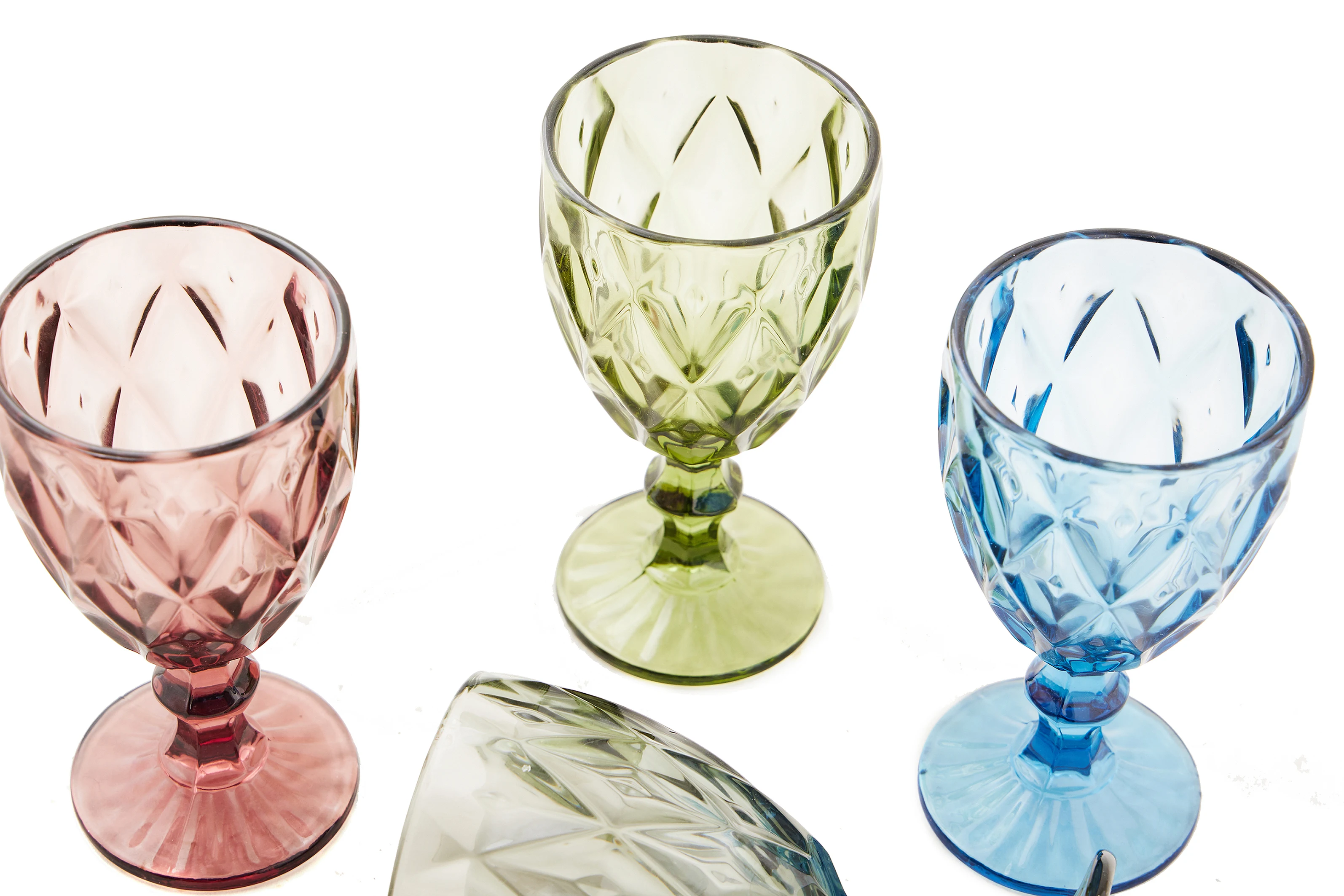wholesale glassware colored goblet vintage  glass goblet in bulk vintage machine pressed clear engraved