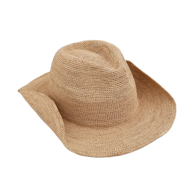 Luxury Portable Thin Raffia Straw Wire on Brim Adjustable Hand Crochet Cowboy Cowgirl Hat