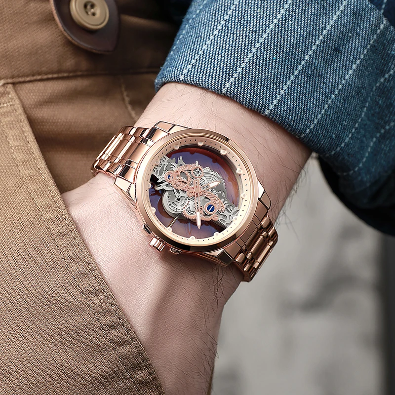 Gold Skeleton Waterproof Leather Custom Watch Men Luxury Orologio Uomo Relojes De cuarzo Para Hombre