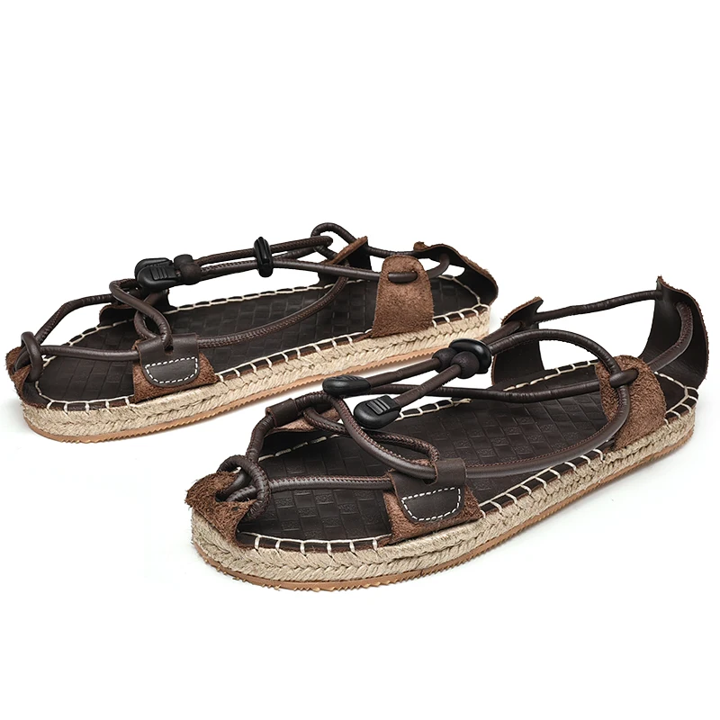 Latest models high quality wholesale rome style women rope leather black straw sandals mens 2021 factory sale