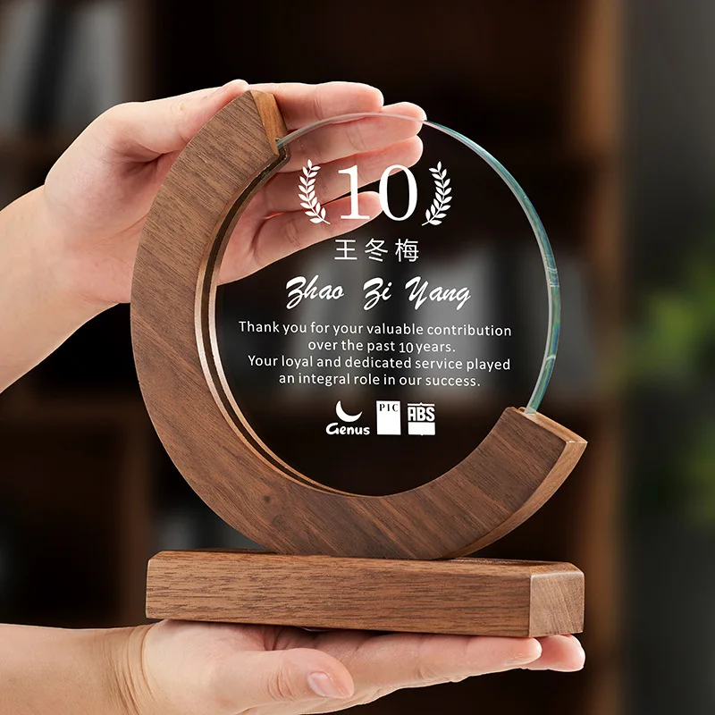 Solid Wood Crescent-Shaped Custom Crystal Trophies Award Trophy Enterprise Annual Meeting Souvenir Products
