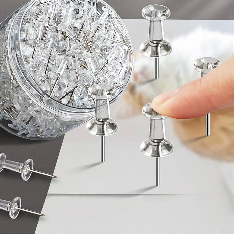 Hot Selling 100pcs Standard Transparent Thumbtacks Steel Tip Thumbtacks for Pinboard Cork Board Map Home Office