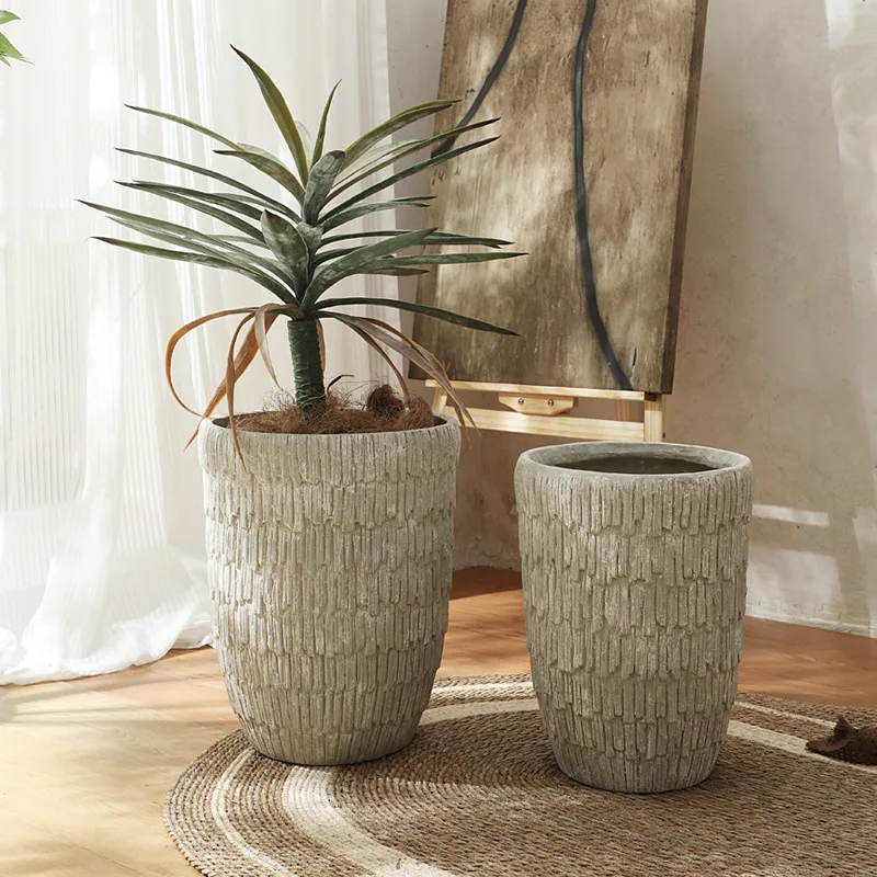Home Hotel Decoration Garden Pots Leaf Wooden Flower Fibre Clay Pot Outdoor Floor Fibreglass Large Flower Plant Pots