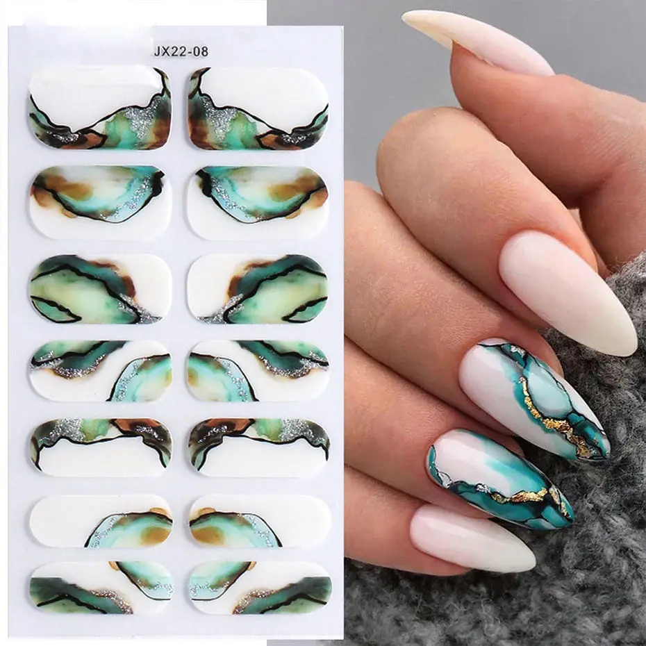 New Women Girls Nail Art Stickers Gradient Full Nail Wraps Glitter Adhesive Marble Nail Strips Stickers