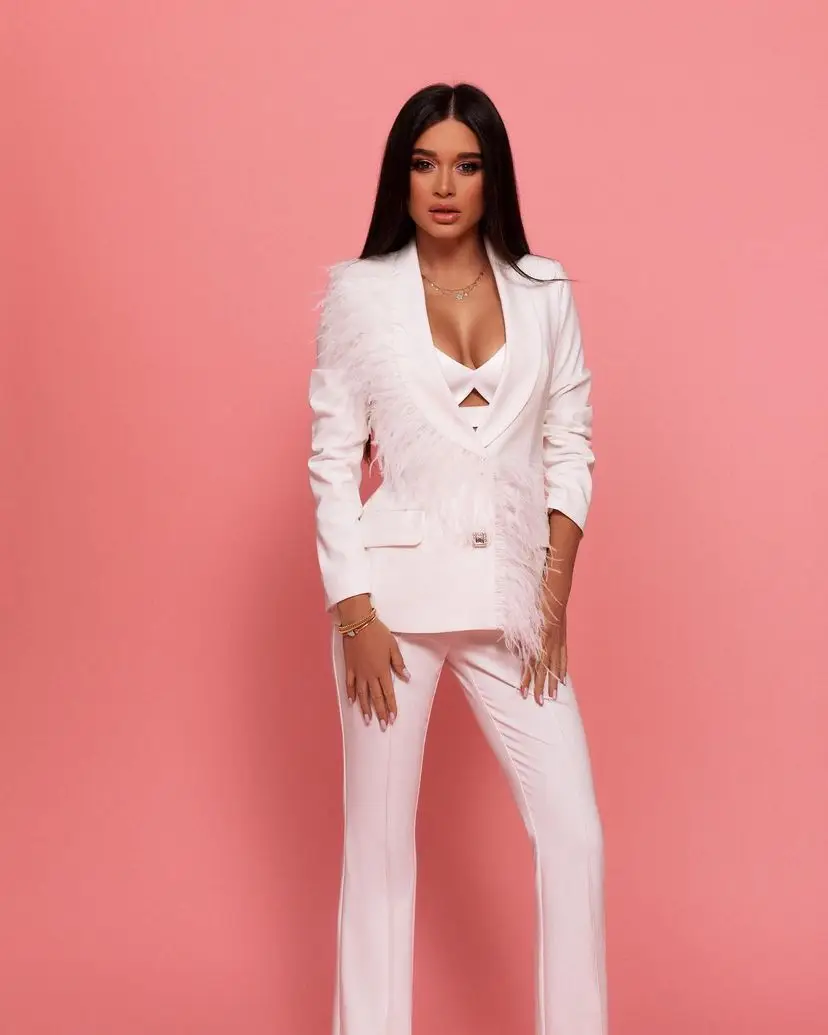 Customize Feather White Elegant Lady Office Wear Suit Casual Plus Size Women Long Sleeve Coat Pant