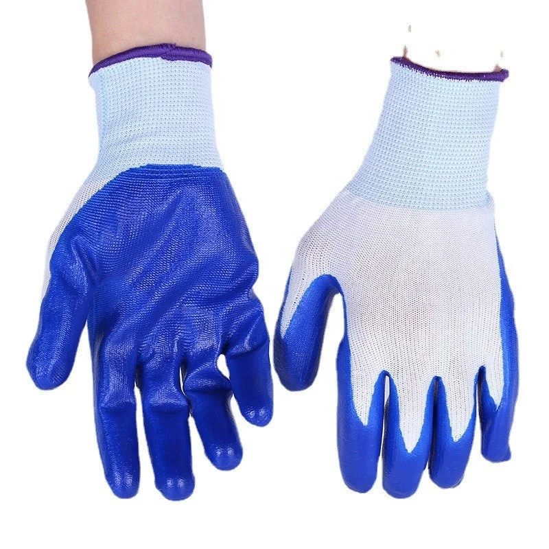 Oil Resistant 13 Gauge Nylon Coating Smooth Nitrile Work Gloves For Safety Construction