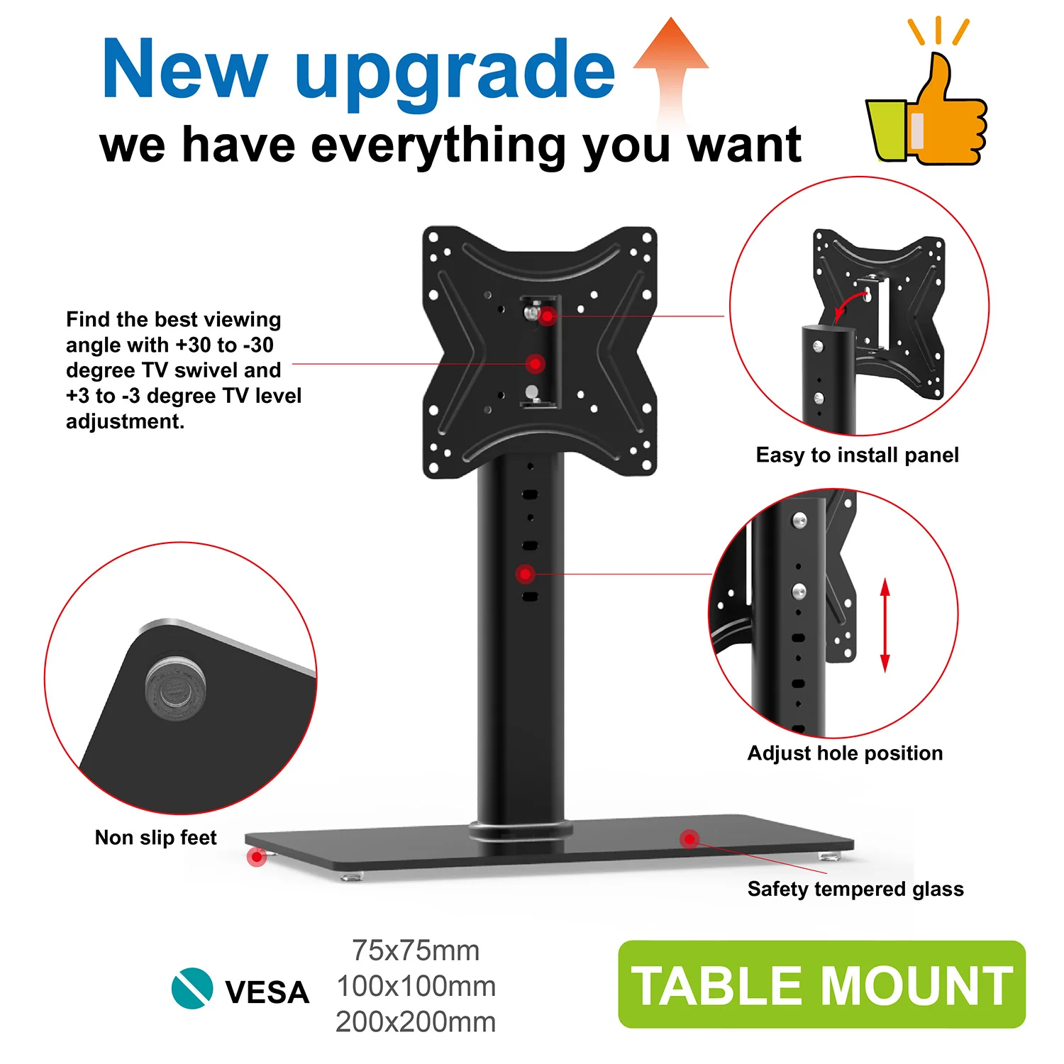 Professional supply table tv mount Max VESA 200*200mm modern tv stand + / - 30 degrees swivel monitor stand