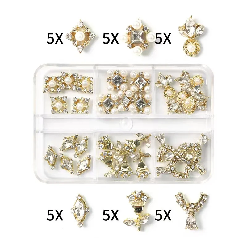 Home Salon 3D Alloy Nail Jewels for DIY 30pcs Mix Styles Diamond Nail Charms Pearl Shiny Fashion Rhinestones Nail Decorations