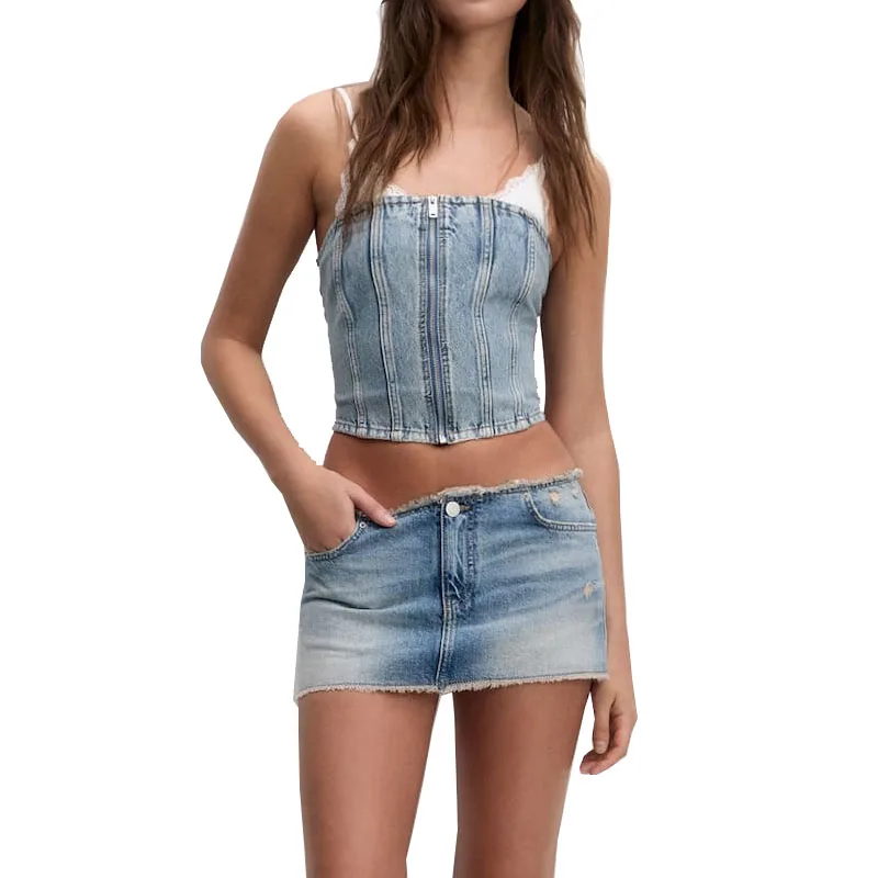 Hot Selling Denim Mini Skirt With Frayed Trims For Women Frayed Hem & Waist Five-pocket Design