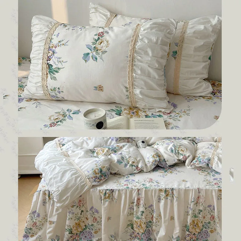 French luxury Lovely Princess Solid color 100% cotton Puffy bed skirt 4pcs bedding set Vintage Pleated lace welt quilts duvet