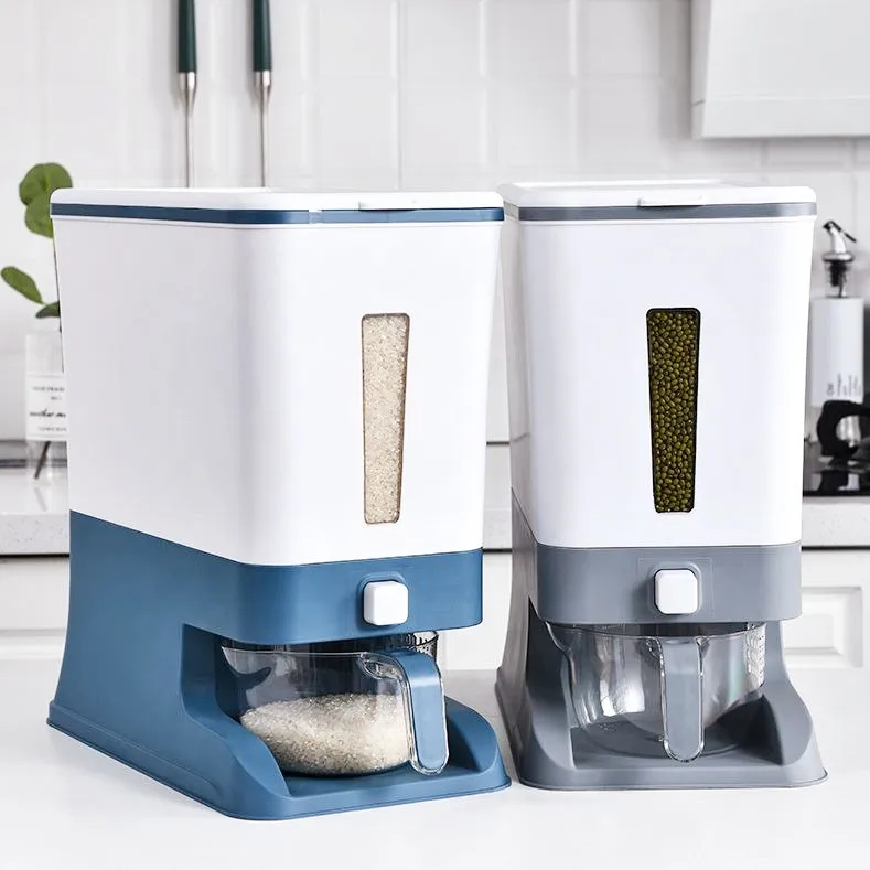Big Food Storage Box amazon Top Plastic Cereal Kitchen Press Type Bucket Rice Container 10kg Grain Dispenser With Measuring Cup