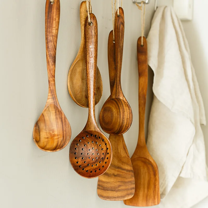 Teak shovel spoon set cooking three-line shovel colander spatula wooden kitchen utensils eight-piece cooking utensils