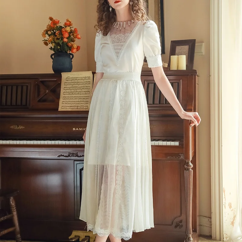 White High Waist A-line Skirt Sequin Pleated Ankle Tulle Skirt Elegant Ladies Skirts