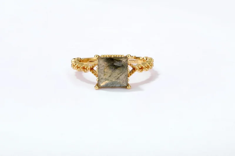 High Quality Square Stone 925 Sterling Silver Ring Labradorite Gold-plated Wedding Ring For Women