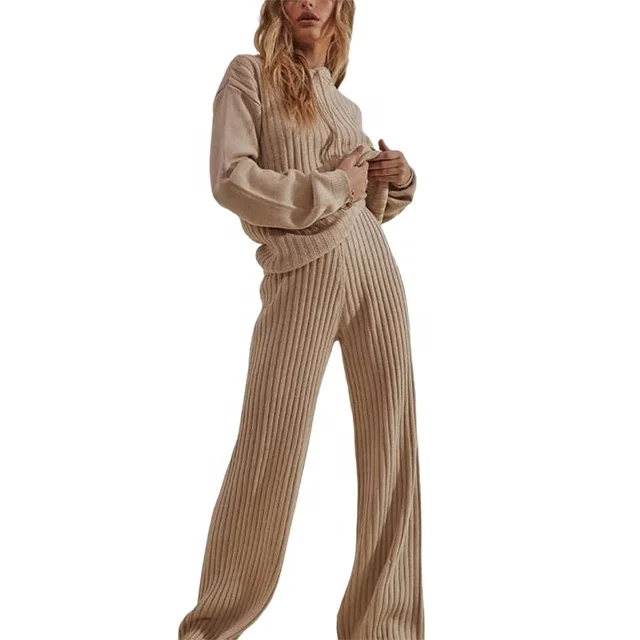 Fall fashion women hoodie set with drawstring Solid Color 2 Piece women sweater Long Wide Leg Trousers Ladies Knitted Suits