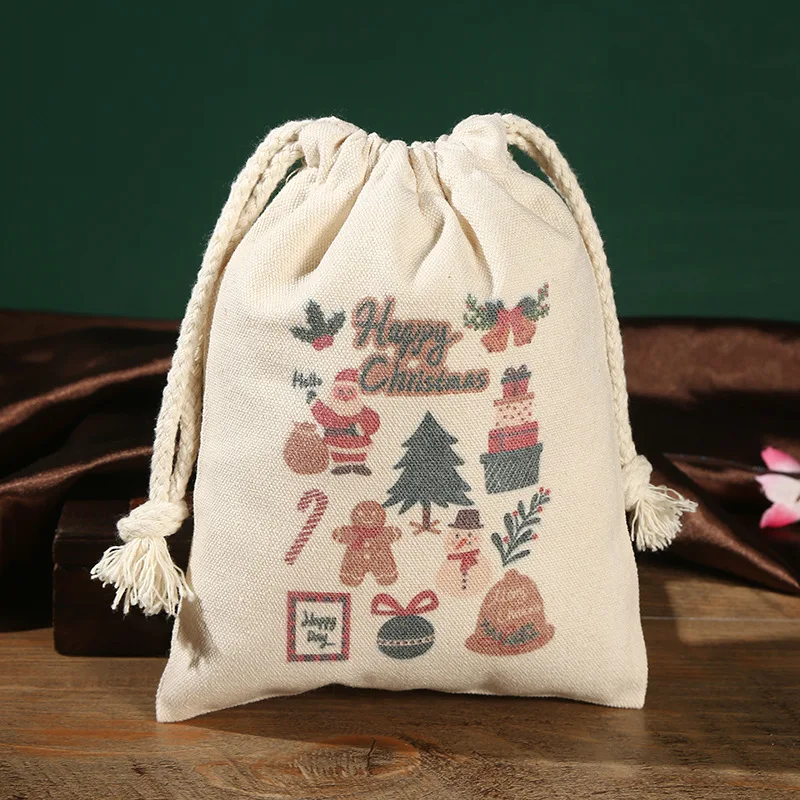 huahao Christmas Printed Cotton Canvas Muslin Gift Bags Christmas Candy Decoration Bag with Drawstring for Presents