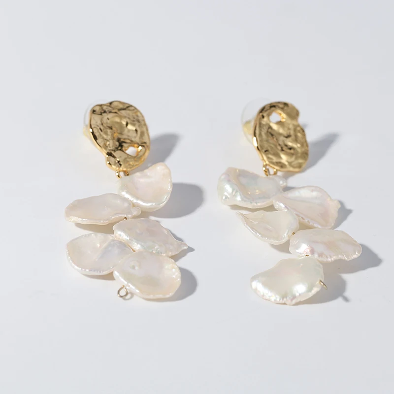 
Luxury brand earring gold plated flower petal Baroque Pearls Earrings for women with 925 silver 