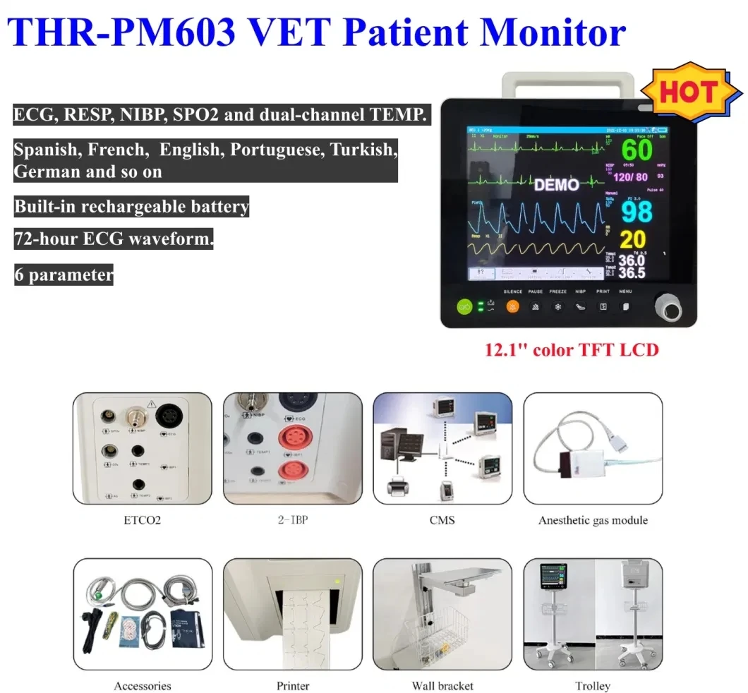 Veterinary Use Hospital Equipment Portable 12.1 inch Multi-Parameter Patient Monitor