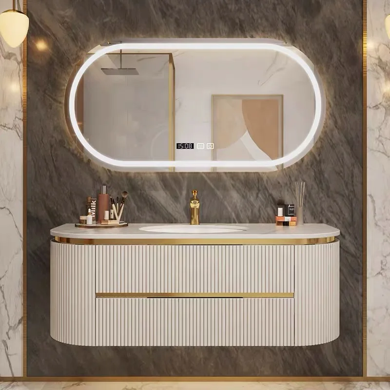 Modern European Wall Mounted Bathroom Furniture Wood Vanity Cabinet Set With Double Sink